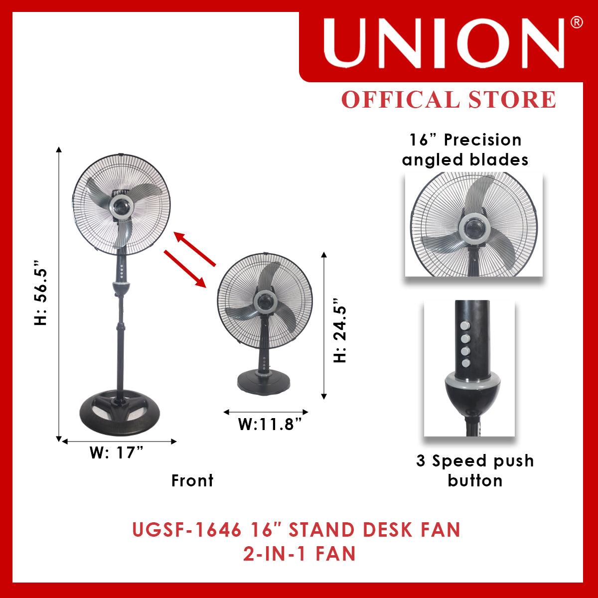 Union® 16" Stand Fan 2 in 1
