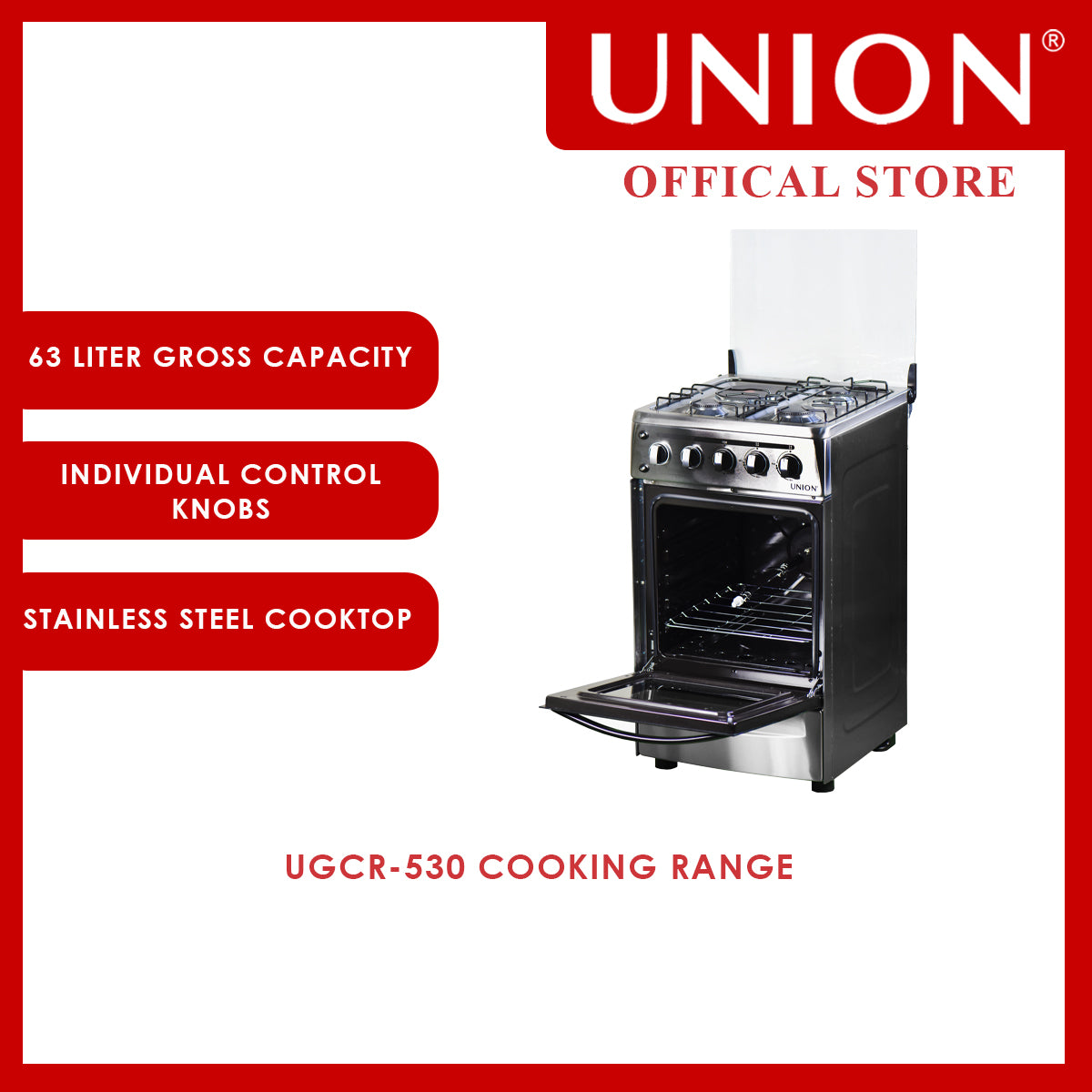 Union® Gas Range, 48cm Cooking Range, 3 Gas + 1 Electric Hot Plate